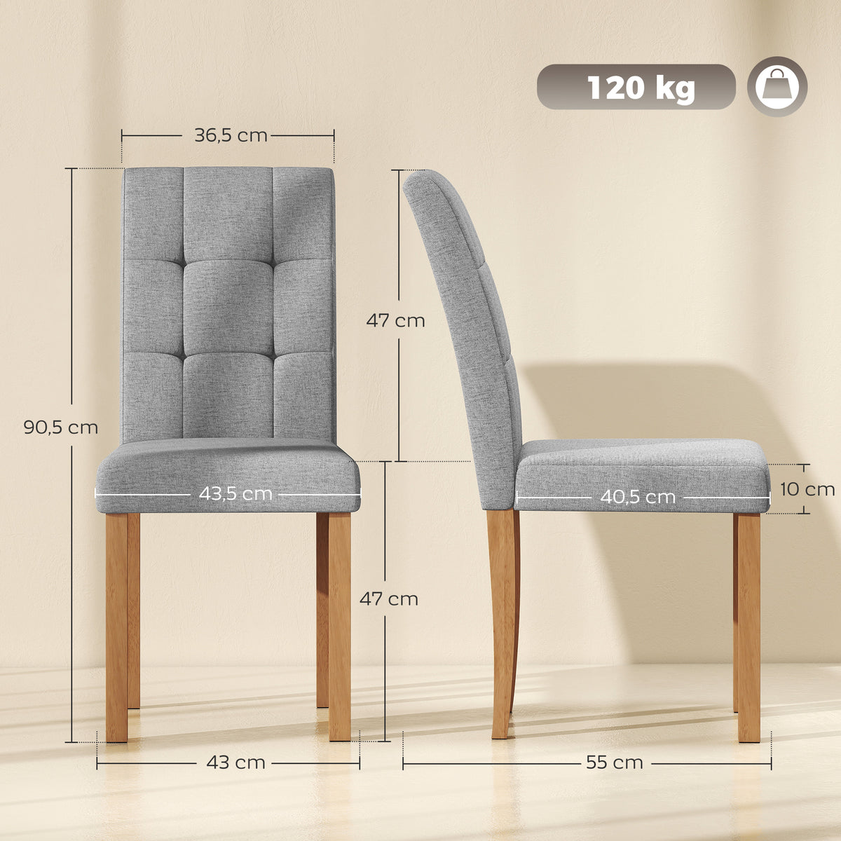 Lote de 2 sillas de comedor, silla de cocina moderna con asiento acolchado de tela efecto lino, gris claro