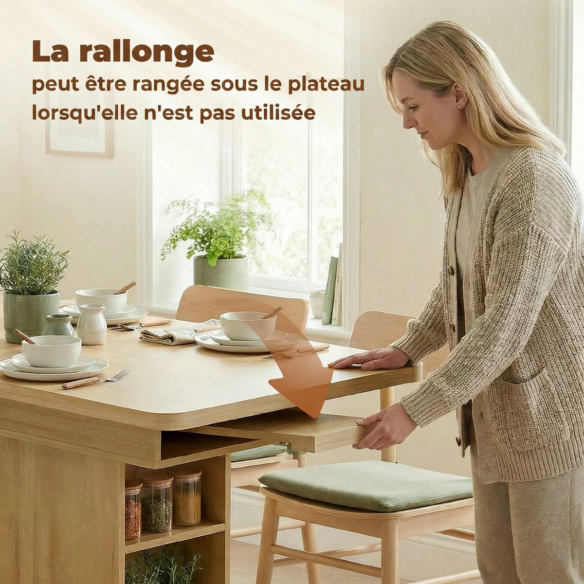 Mesa de comedor rectangular extensible para 4 a 6 personas, mesa de cocina de 110-130 cm, 6 estantes abiertos, madera natural