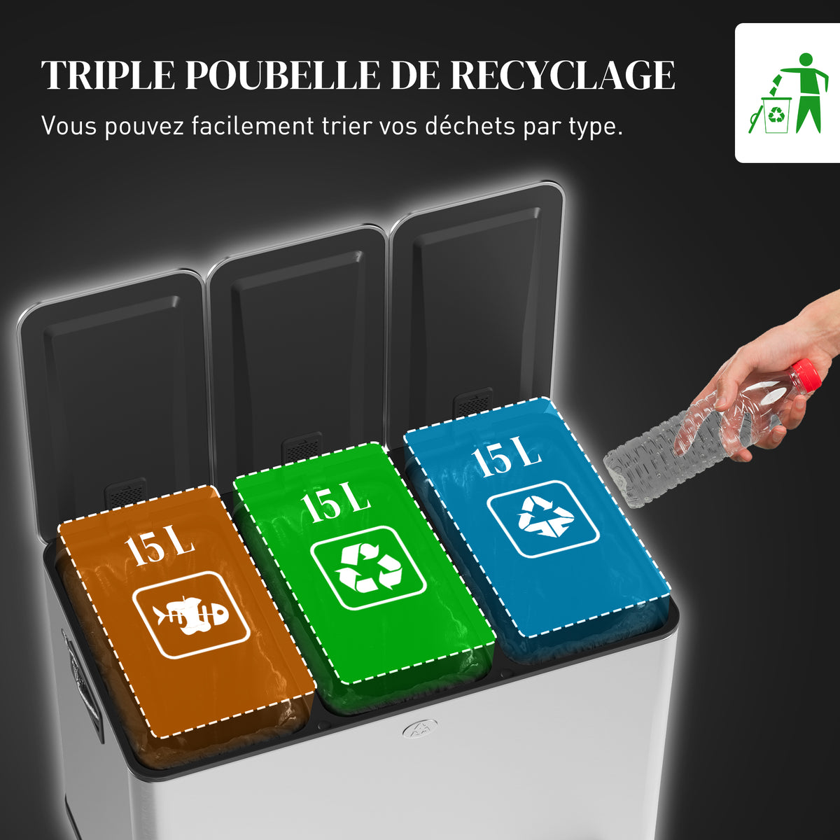 Poubelle de cuisine, poubelle tri sélectif, 3 compartiments de 15L, seaux intérieurs amovibles, 61,9x36,6x43,2cm, argent