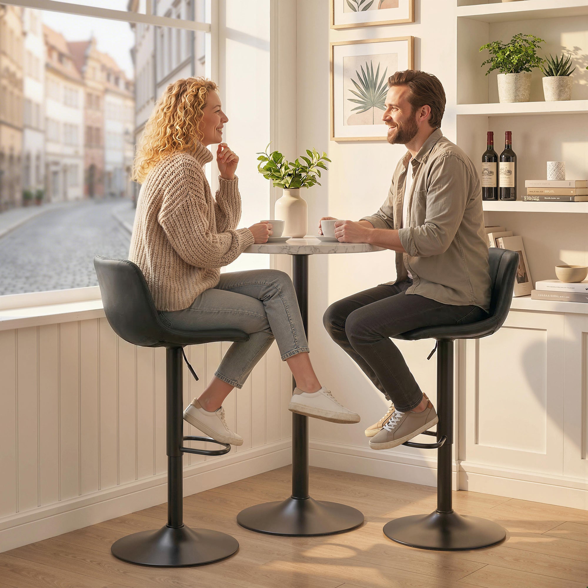 2er-Set Barhocker, höhenverstellbare Barstühle mit Rückenlehne und Fußstütze, 360° drehbar, Stahlbeine, schwarz