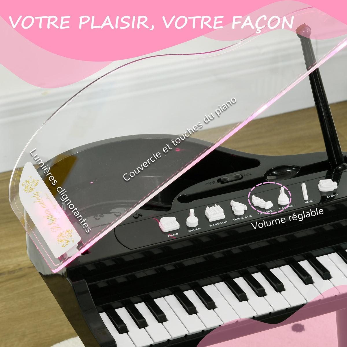 Piano enfant électronique 32 touches multifonctions avec micro haut parleur tabouret couvercle lumineux LED noir