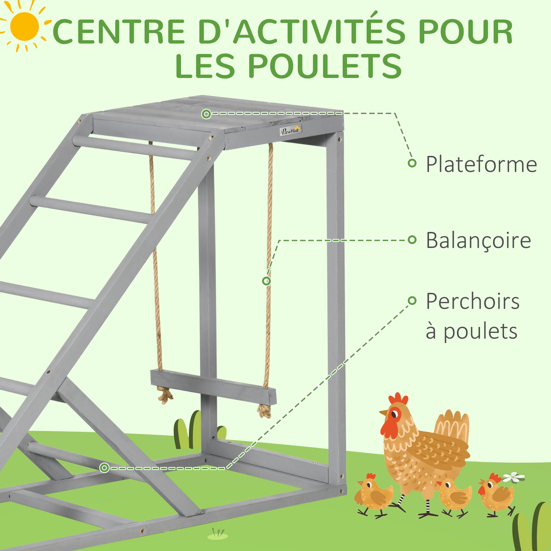 Perchoir en bois pour poule, aire de jeux en bois pour poules avec balançoire, échelle, plateforme, 96 x 40 x 71 cm, gris