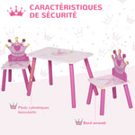 Ensemble table et 2 chaises enfant 3 pièces, pieds en bois massif, table avec chaise motif couronne, pour filles et garçons de 2 à 4 ans, rose