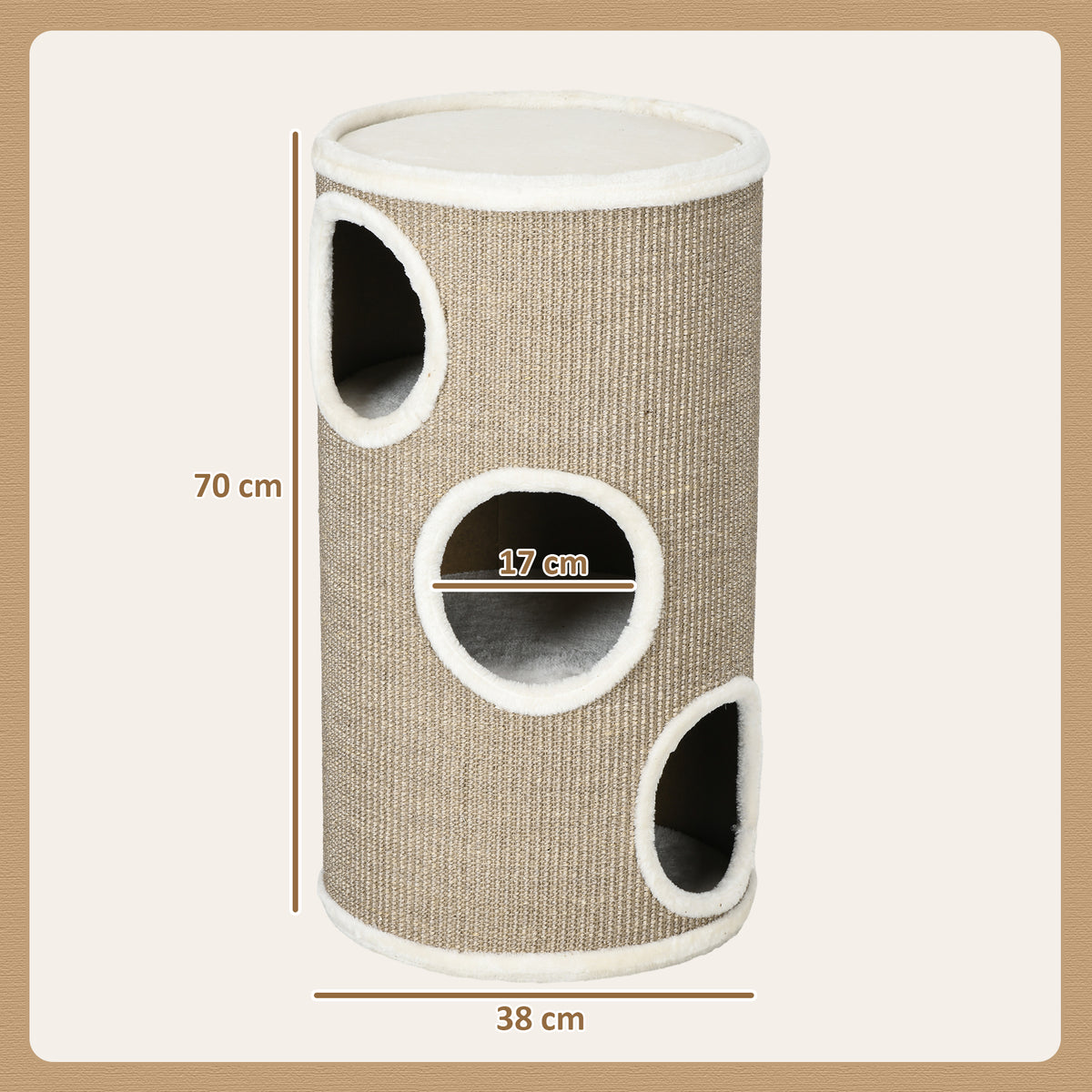 Tonneau à Gratter pour Chat, Tour à Griffer en Sisal à 3 Niveaux Recouvert de Peluche, Ø 38 x 70 cm, Marron