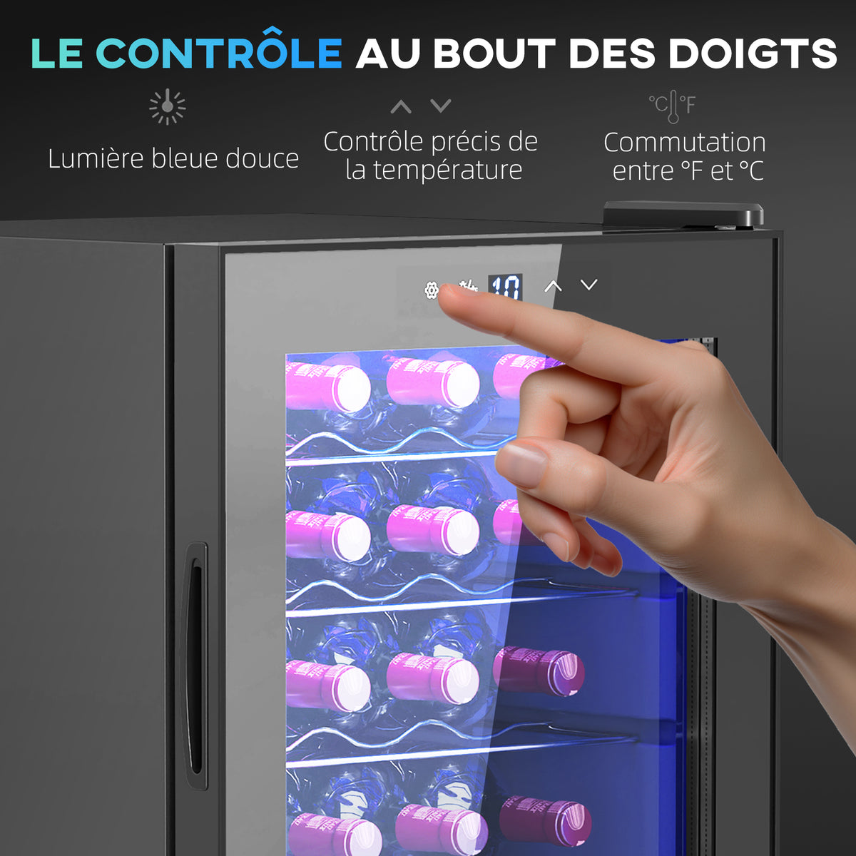 Cave à vin 20 bouteilles 53L haute performance température réglable 5-18° avec lumière LED, noir