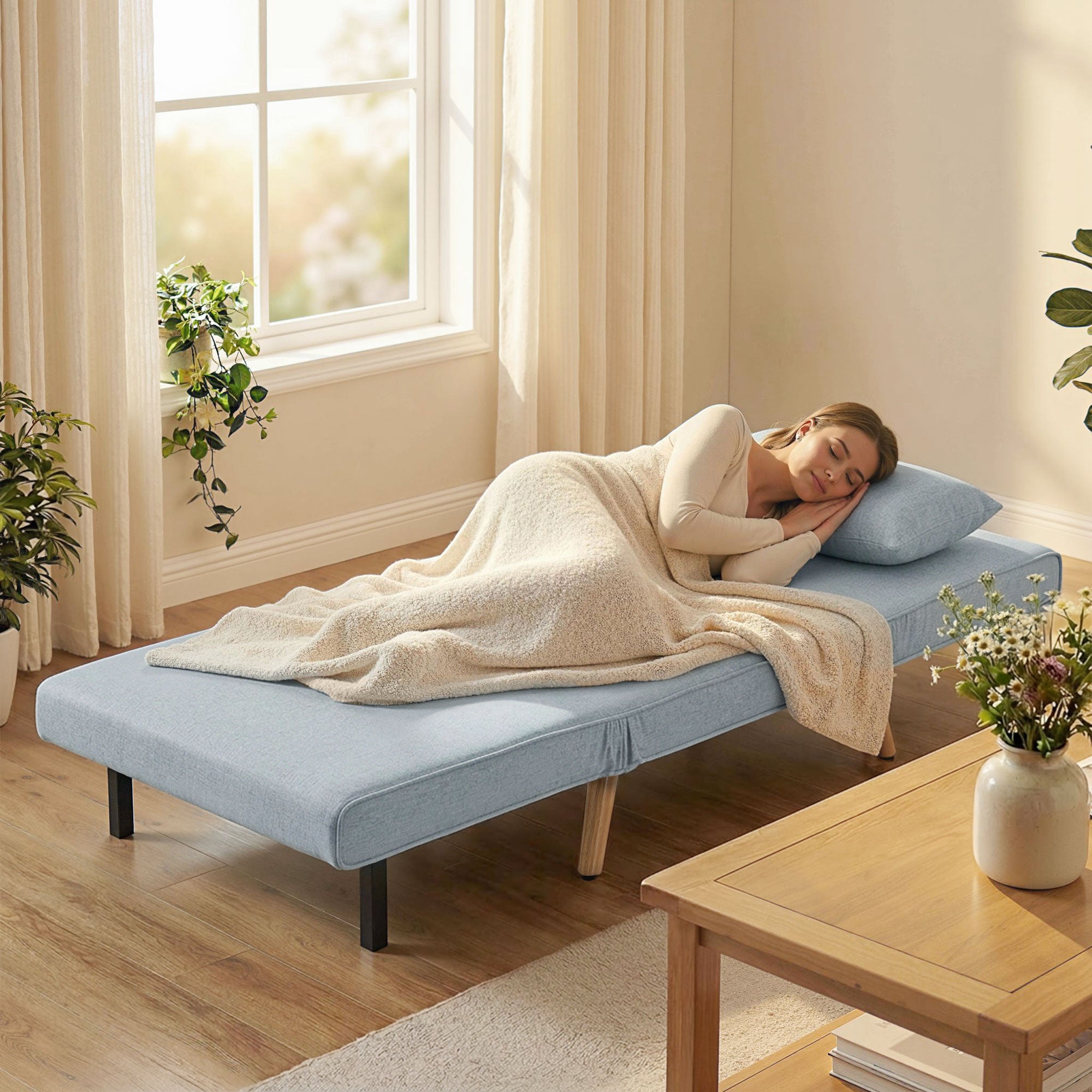 3-in-1 convertible chair bed, single sleeper chair, 5-position adjustable backrest, fabric with cushion, gray