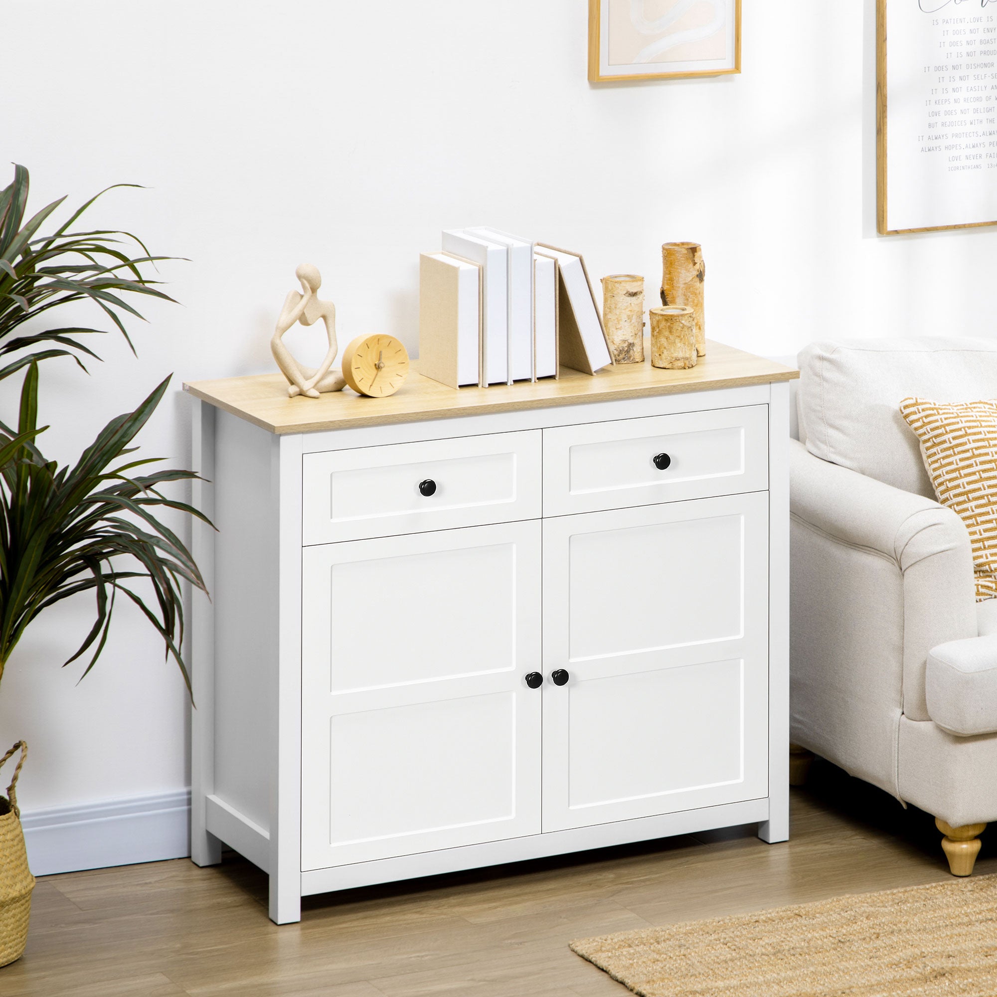 Commode meuble de rangement 2 portes avec étagère réglable en hauteur 2 tiroirs 100 x 40 x 85 cm blanc et aspect bois
