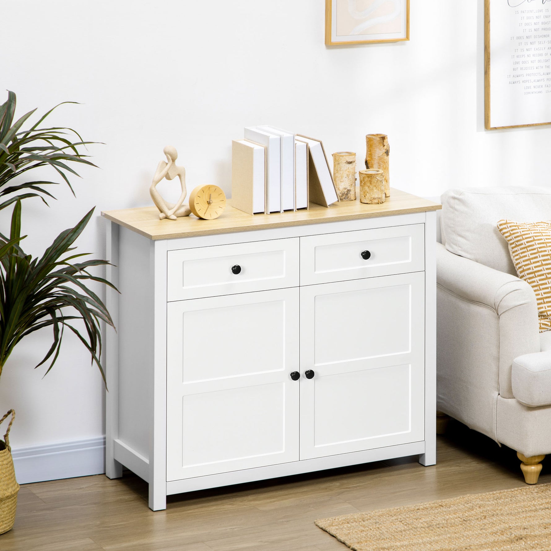 Commode meuble de rangement 2 portes avec étagère réglable en hauteur 2 tiroirs 100 x 40 x 85 cm blanc et aspect bois