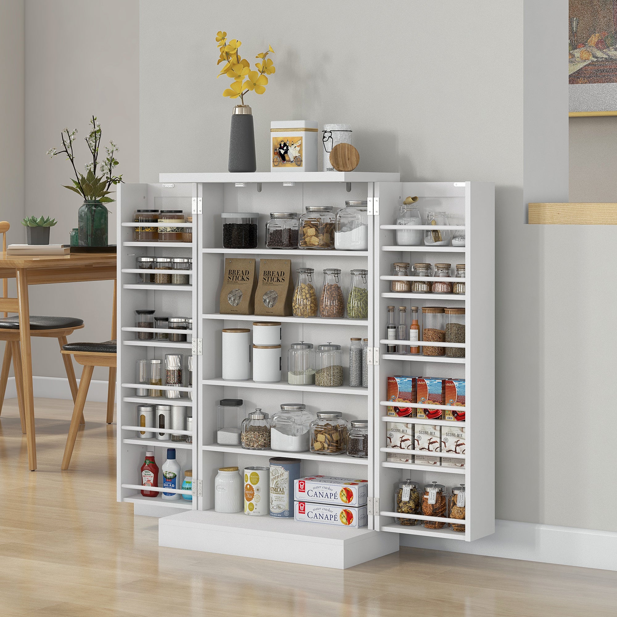 2-door kitchen pantry storage cabinet with 5 shelves and 12 compartments - dim. 60L x 30W x 104H cm - white