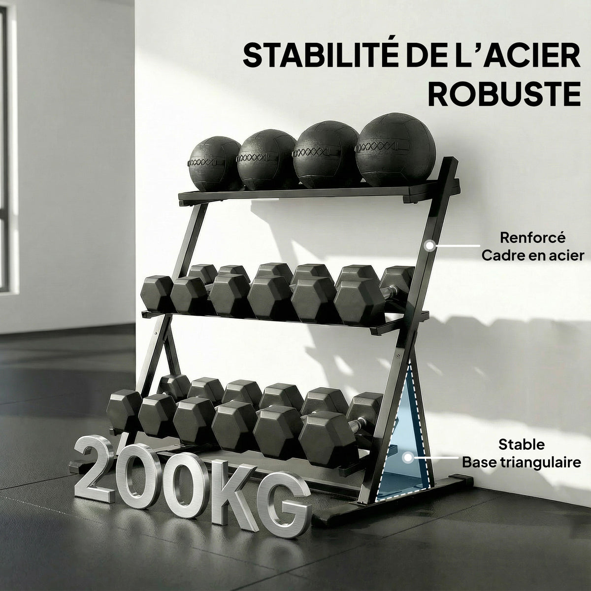 Support pour haltères à 3 niveaux, support de poids réglable en acier pour haltères, kettlebells, noir