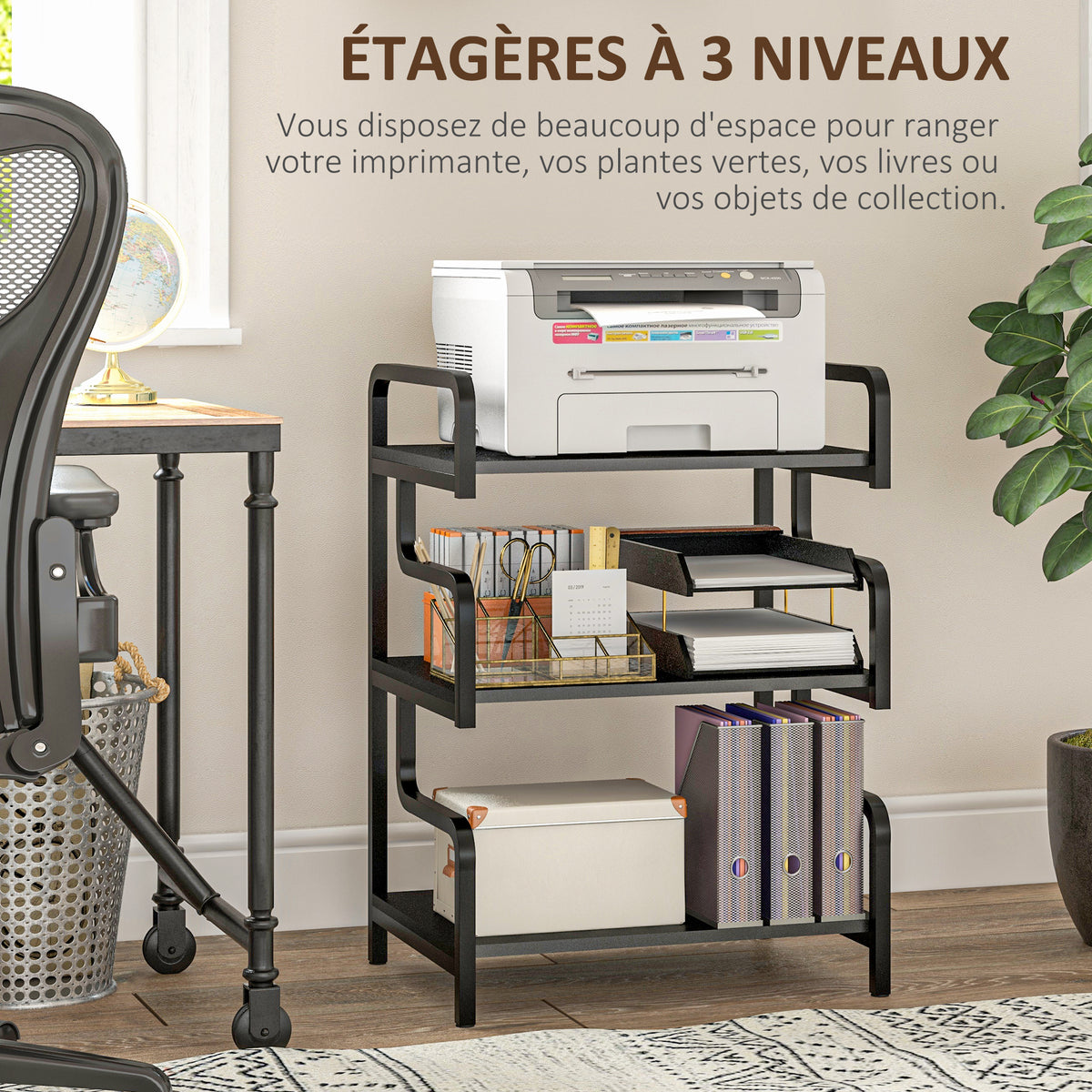 Étagère de rangement à 3 niveaux étagère en métal design industriel structure en acier 55 x 40 x 77 cm Noir