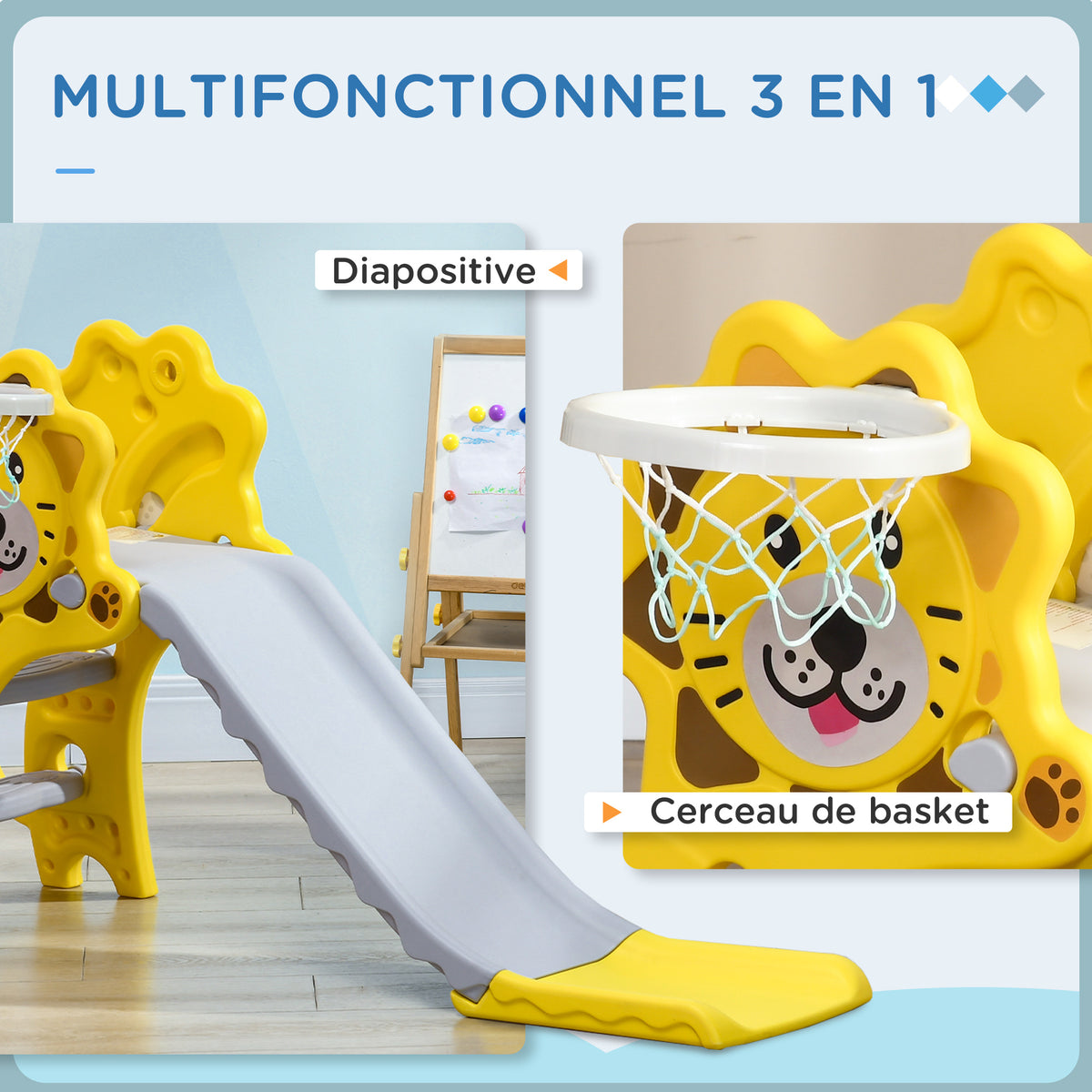 Toboggan pour enfants intérieur extérieur avec panier de basket pour les enfants de 18 à 36 mois, jaune, gris