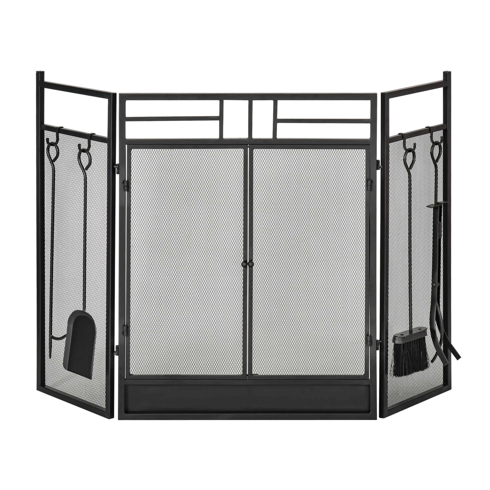 Pare-feu Large pour cheminée ou poêle - Pare-étincelles serviteur de cheminée 2 en 1 avec Accessoires - 3 Volets Pliables et Porte - Acier métal Noir-0