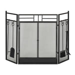 Pare-feu Large pour cheminée ou poêle - Pare-étincelles serviteur de cheminée 2 en 1 avec Accessoires - 3 Volets Pliables et Porte - Acier métal Noir-0
