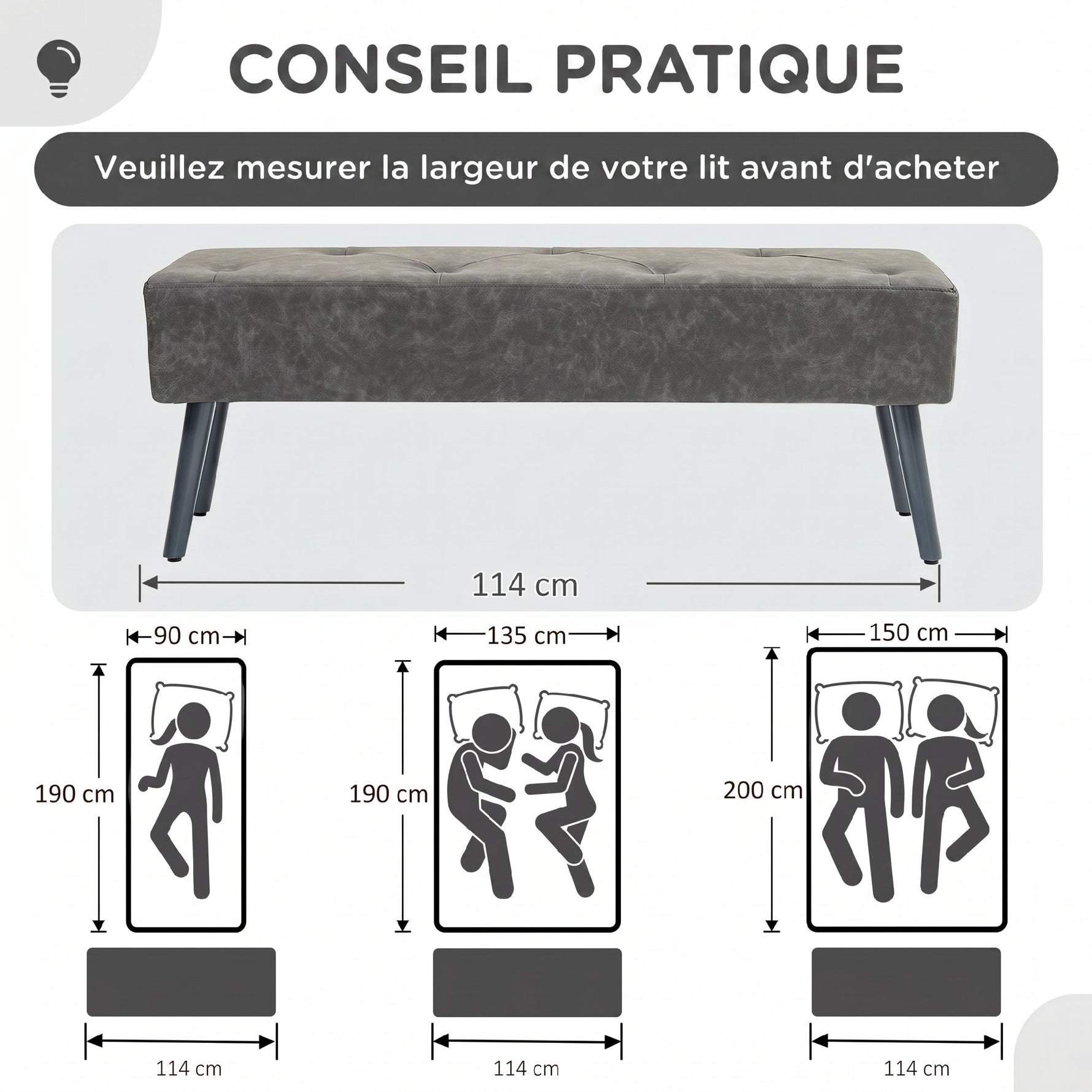 Banc bout de lit banquette capitonnée style vintage 114 x 38 x 42 cm piètement bois revêtement gris