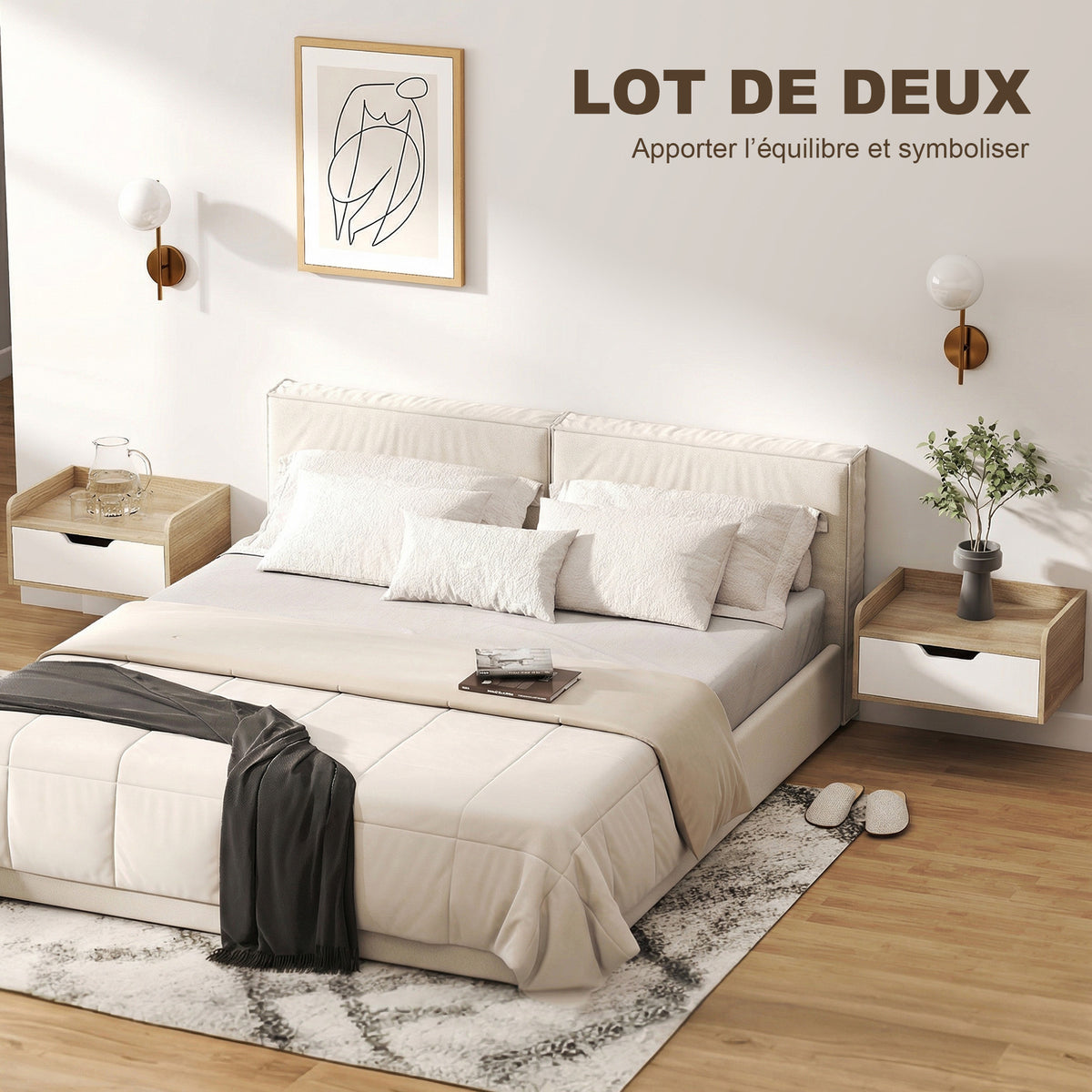 Lot de 2 tables de chevet murales, tables de nuit avec tiroir et plateau à rebords surélevés, 40x30x19,5cm, bois naturel