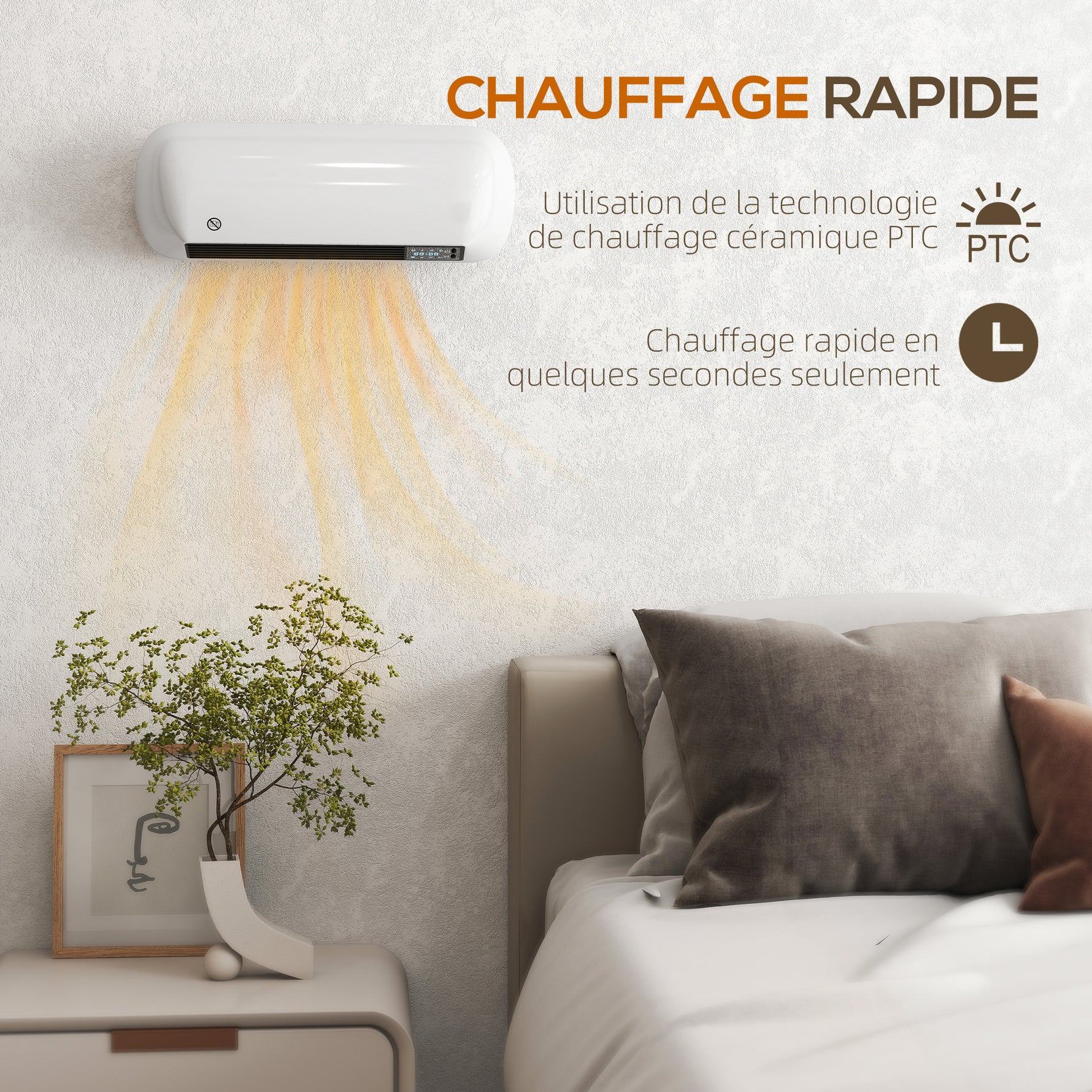 Chauffage mural en céramique 1000/2000W, radiateur électrique, ventilateur, thermostat, minuterie, 50x19x14cm, blanc
