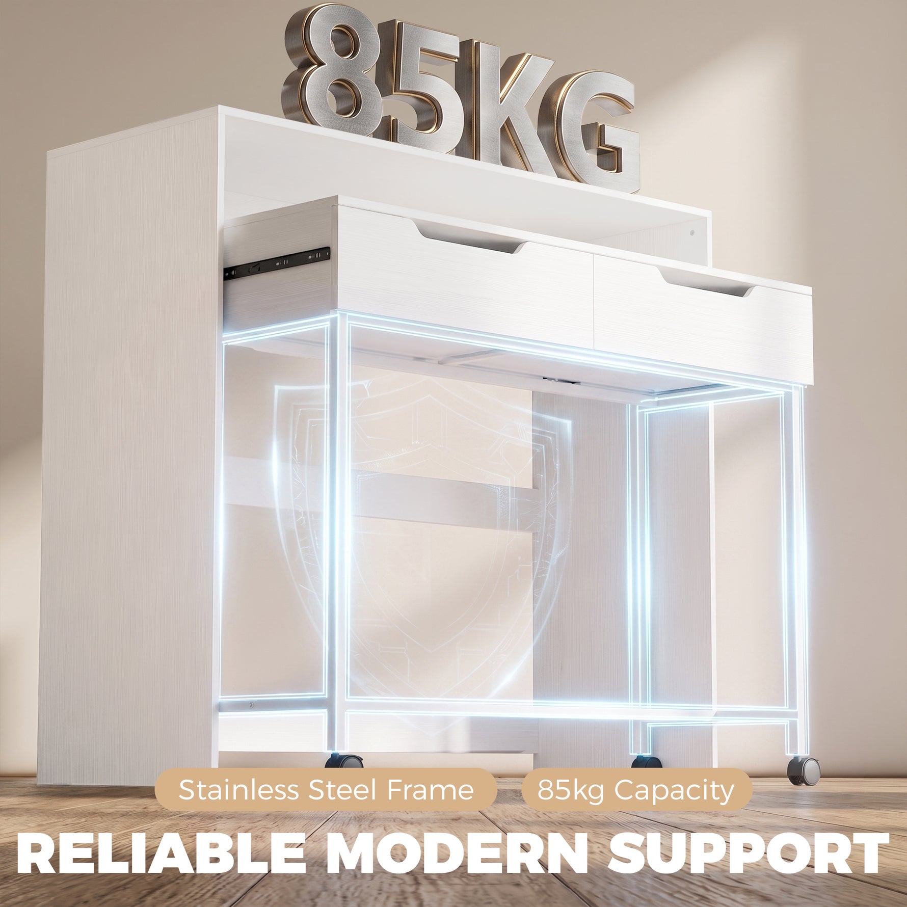 Bureau d'Ordinateur Extensible 100 cm avec 2 Tiroirs, Bureau avec Rangement, Style Moderne, Blanc