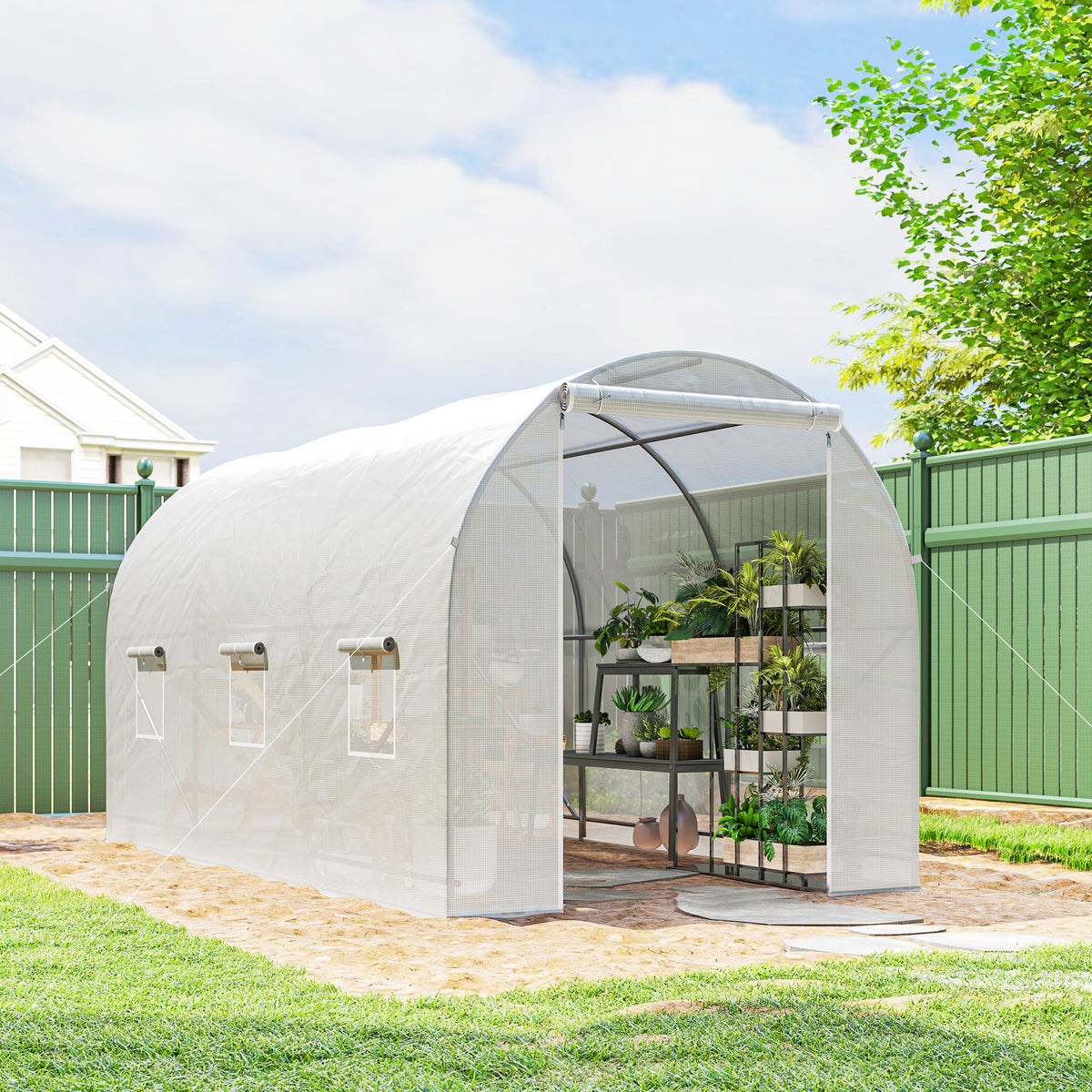 Serra a tunnel da giardino 7m², serra a tunnel da giardino con porta e 6 finestre, telo in PE 140 g/m² 350 x 200 x 200 cm bianco