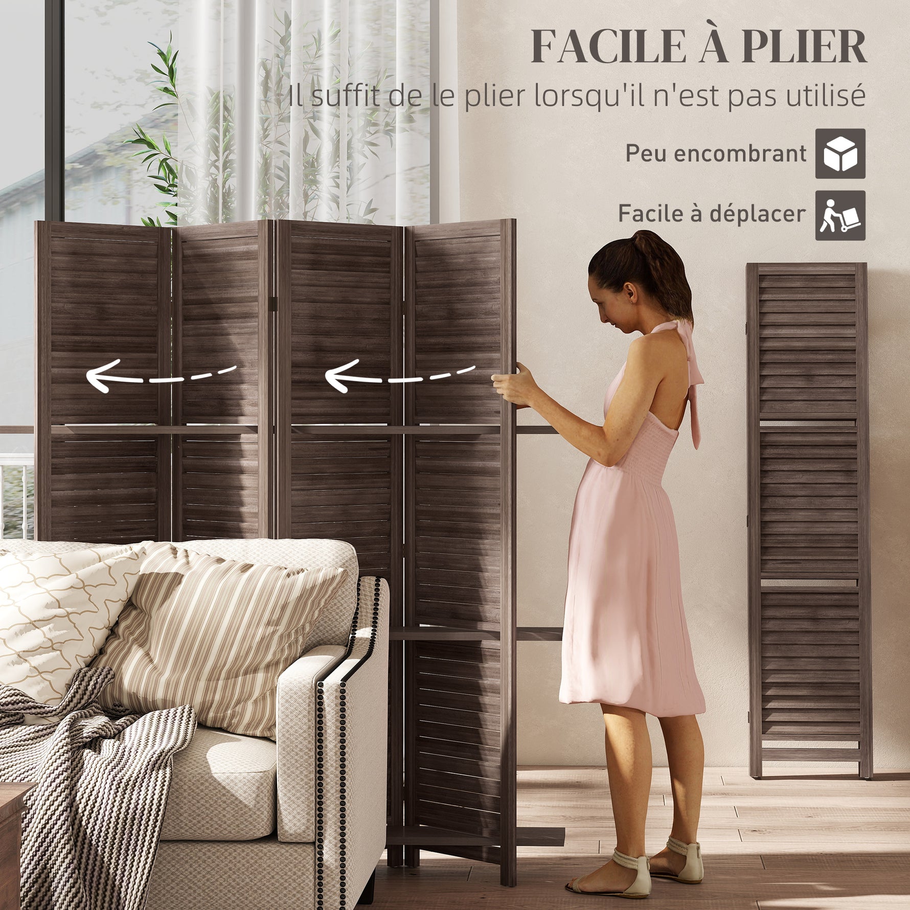 Paravent intérieur en bois 4 panneaux 160 x 170 cm, séparateur de pièce pliable avec 3 étagères, noyer