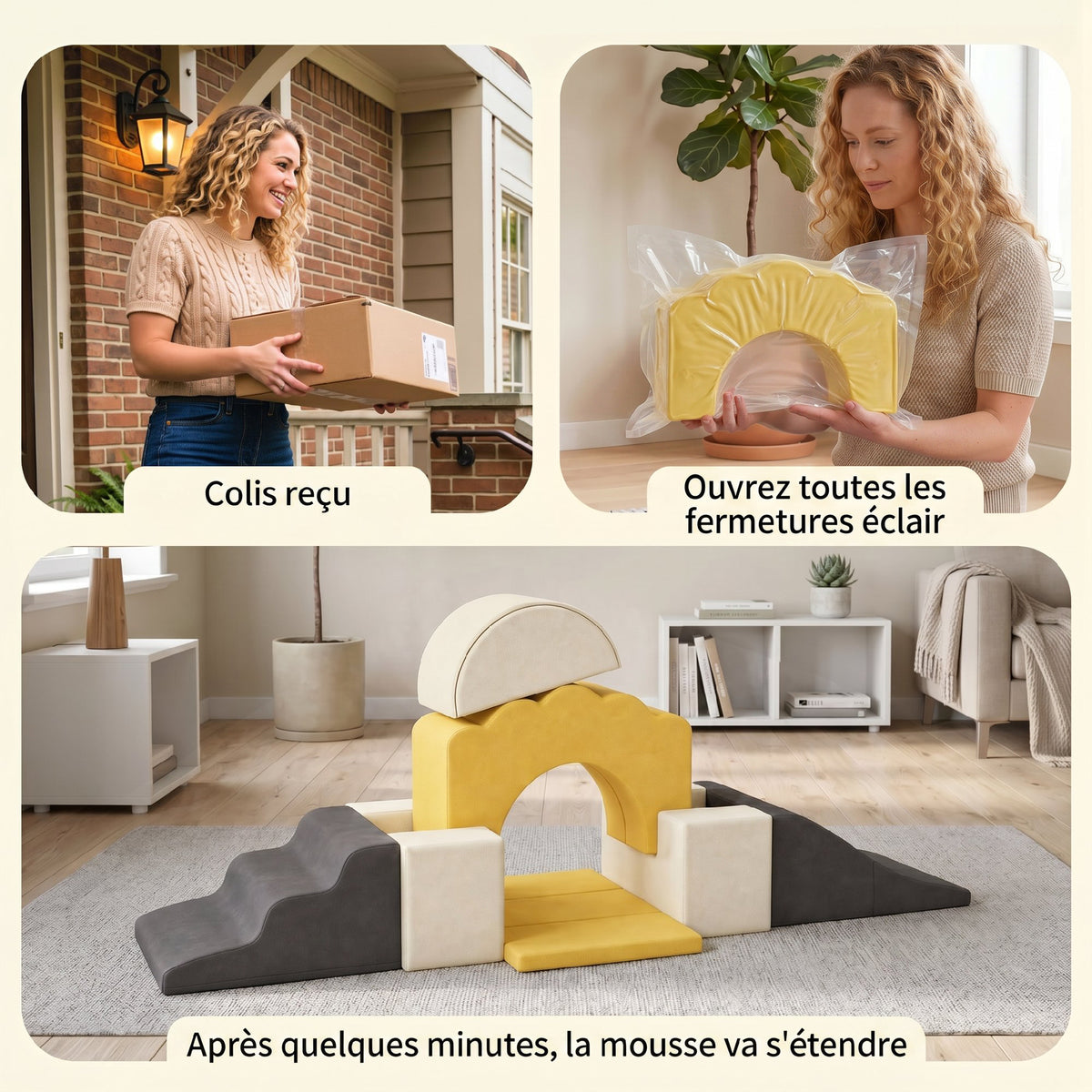 Parcours motricité bébé blocs mousse éducatifs modulables 7 pièces housse lavable en velours base antidérapante jaune