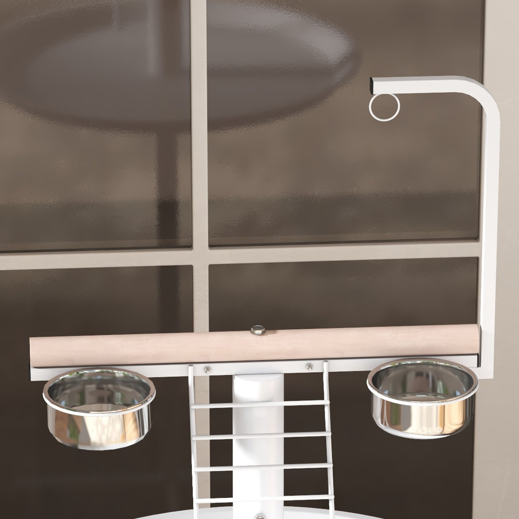 Mangeoire à oiseaux sur pied avec 4 roulettes perchoir 2 bols amovibles plateau rond acier inoxydable Ø 60 x 138H cm blanc