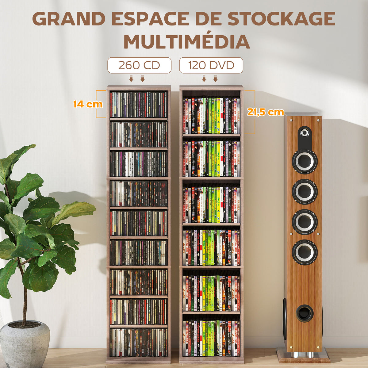 Rangements pour CD et DVD 9 compartiments et 6 étagères réglables capacité max. 260 CD/120 DVD 33 x 24 x 140 cm bois naturel