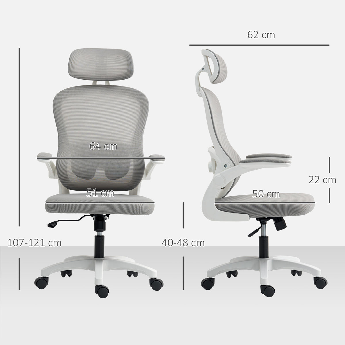 Chaise Bureau Ergonomique, Fauteuil de Bureau en Maille avec Accoudoirs Rabattables, Hauteur Réglable, 64x62x115cm, Gris
