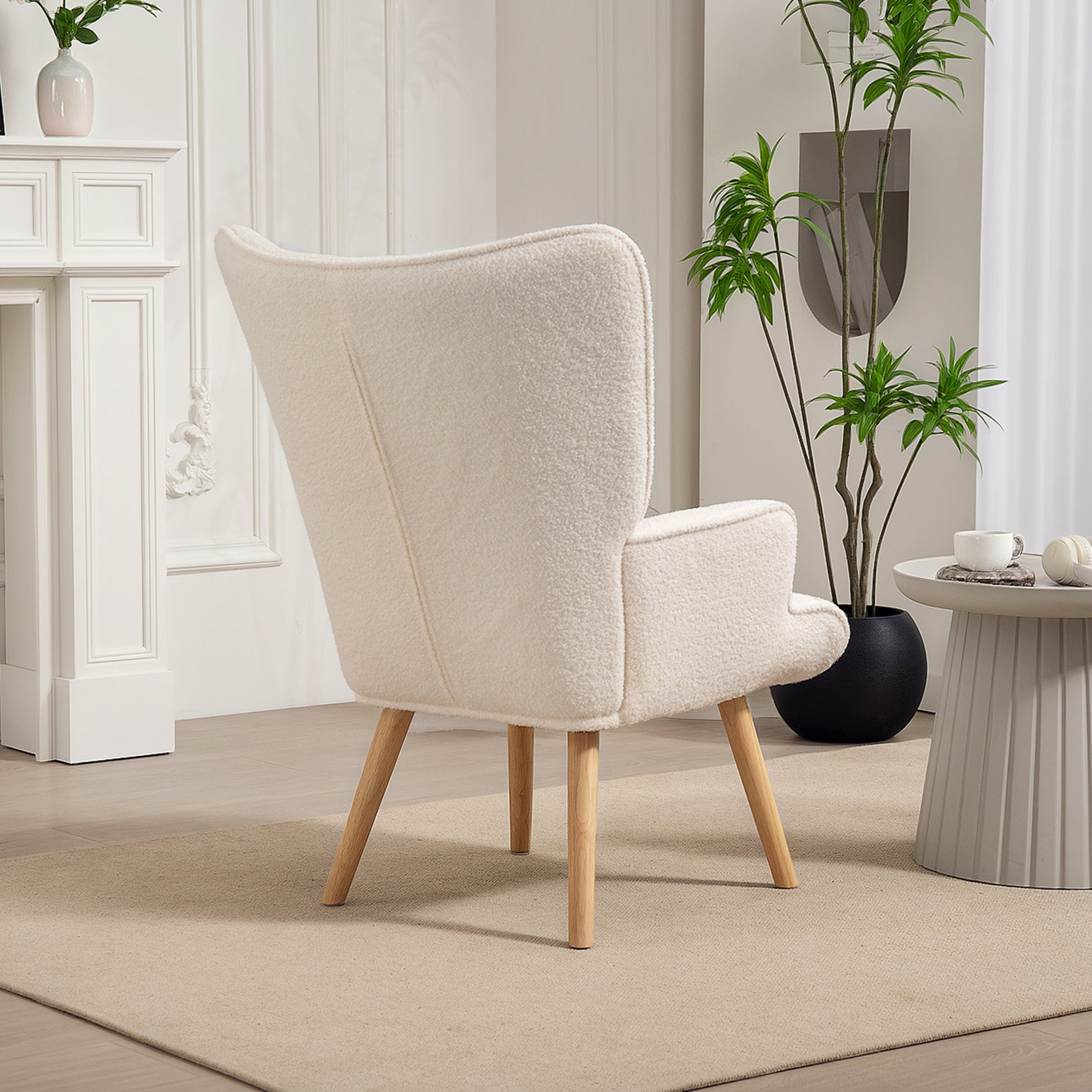 Fauteuil de salon en tissu bouclette, fauteuil capitonné et rembourré avec pieds en bois, 71 x 74 x 96 cm, beige