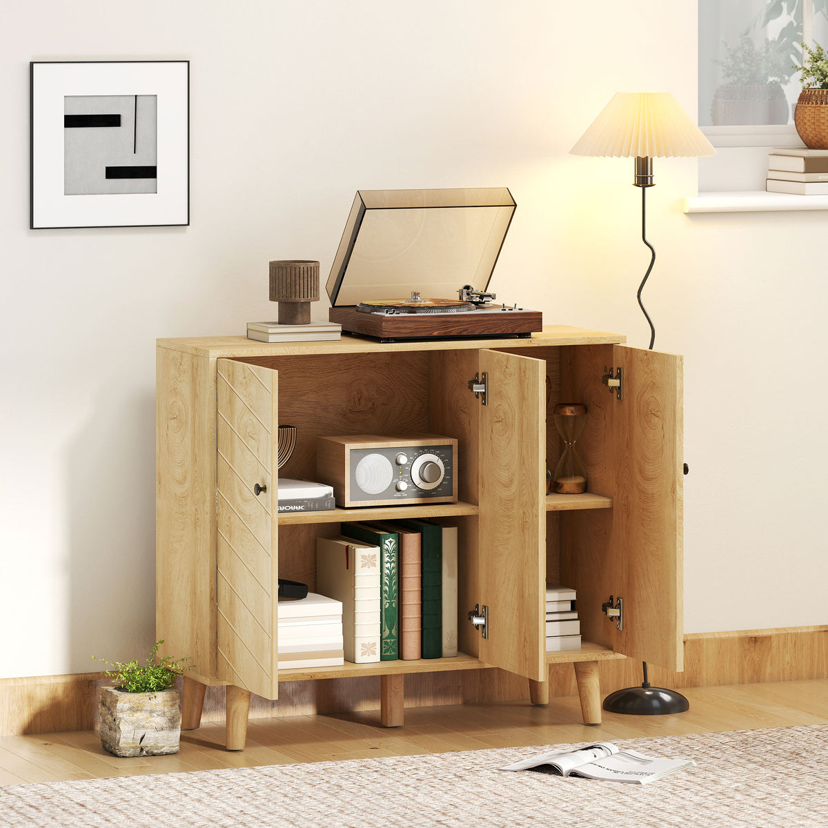 Buffet Cuisine, Meuble de Rangement avec 3 Portes à Motif Chevron et Pieds en Bois de Pin, 88,3x30x76cm, Bois Naturel-7