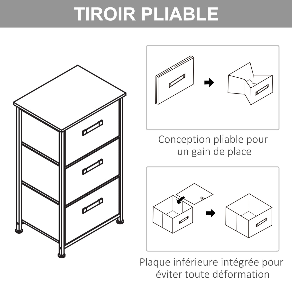 Meuble de rangement chiffonnier moderne 3 tiroirs en tissu, cadre en acier et MDF, 45 x 30 x 71 cm, gris-6
