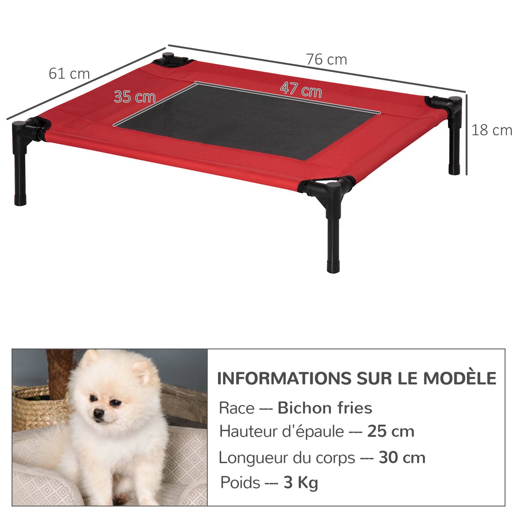 Lit surélevé pour chiens chats animaux de compagnie tissu oxford textilène micro-perforé 76 x 61 x 18 cm rouge et noir