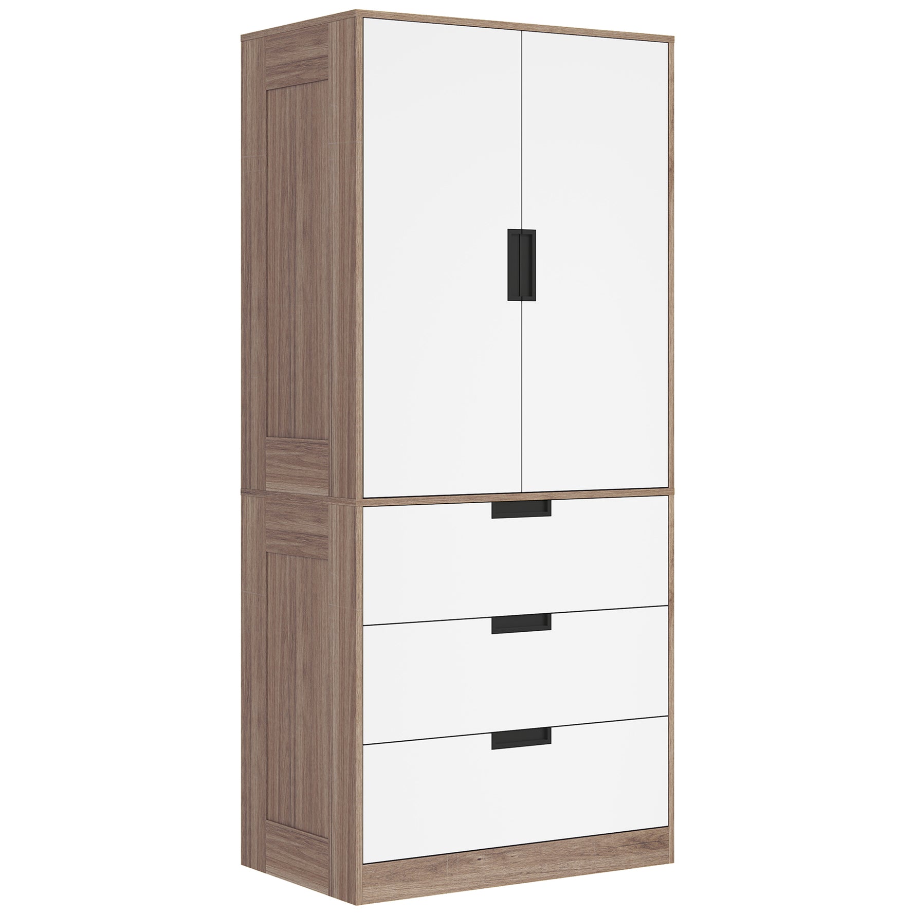 Armoire 2 portes, armoire moderne avec 3 tiroirs et tringle de suspension pour chambre à coucher, marron