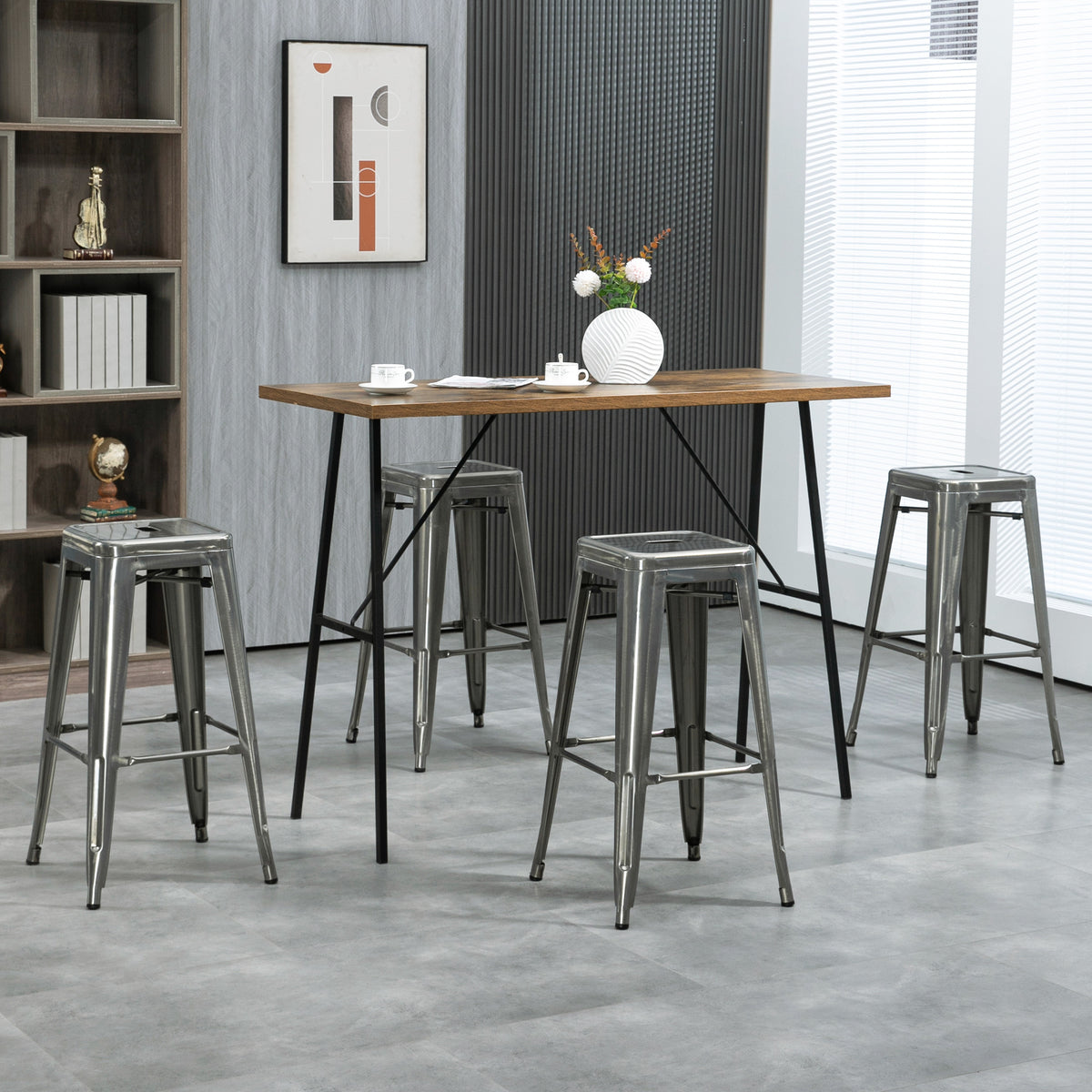 4er-Set stapelbare Industrie-Barhocker Sitzhöhe 76 cm silberfarbenes Metall