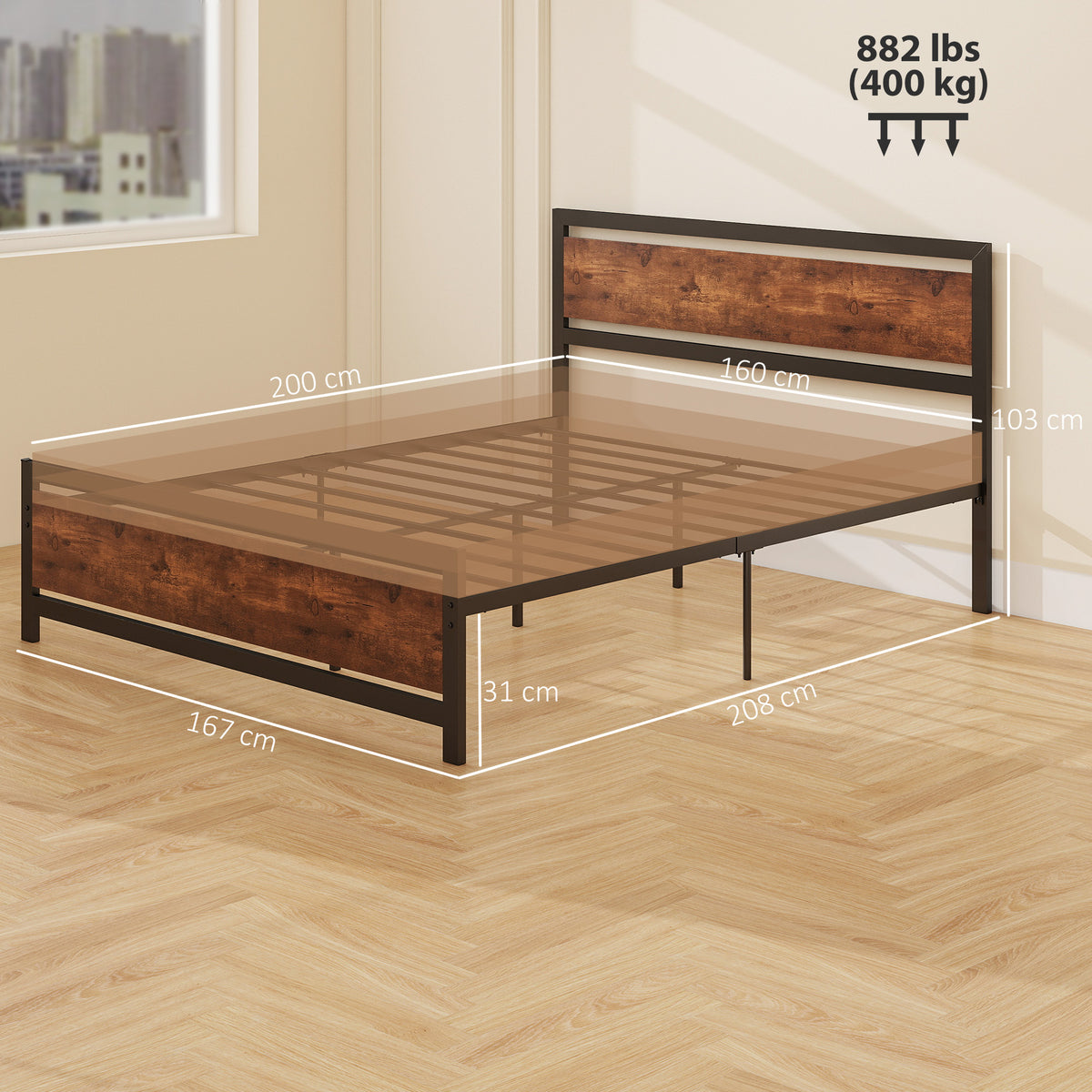 Cadre de lit double 200 x 160 cm en acier avec sommier et tête de lit compatible matelas aspect bois foncé