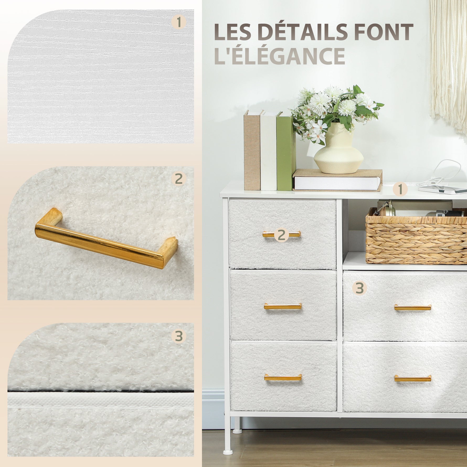 Commode 8 tiroirs en tissu bouclette, meuble de rangement avec 2 prises de courant, structure en acier 110x30x76cm crème