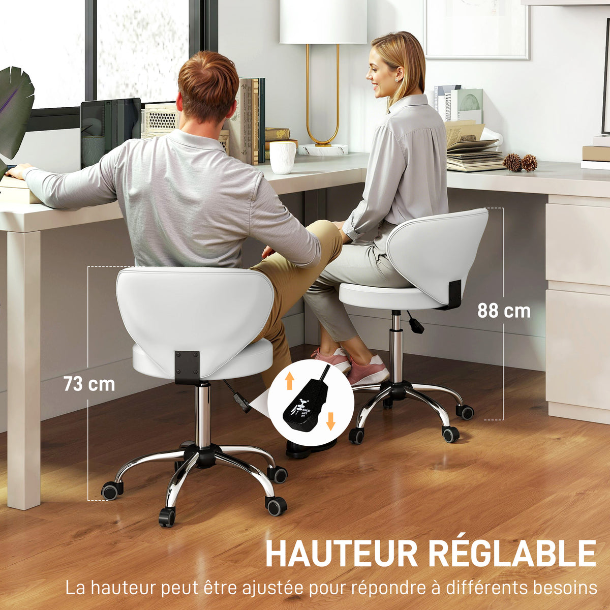 Tabouret à roulettes, tabouret de massage en PU avec hauteur réglable 73-88 cm et dossier, pivotant 360°, blanc