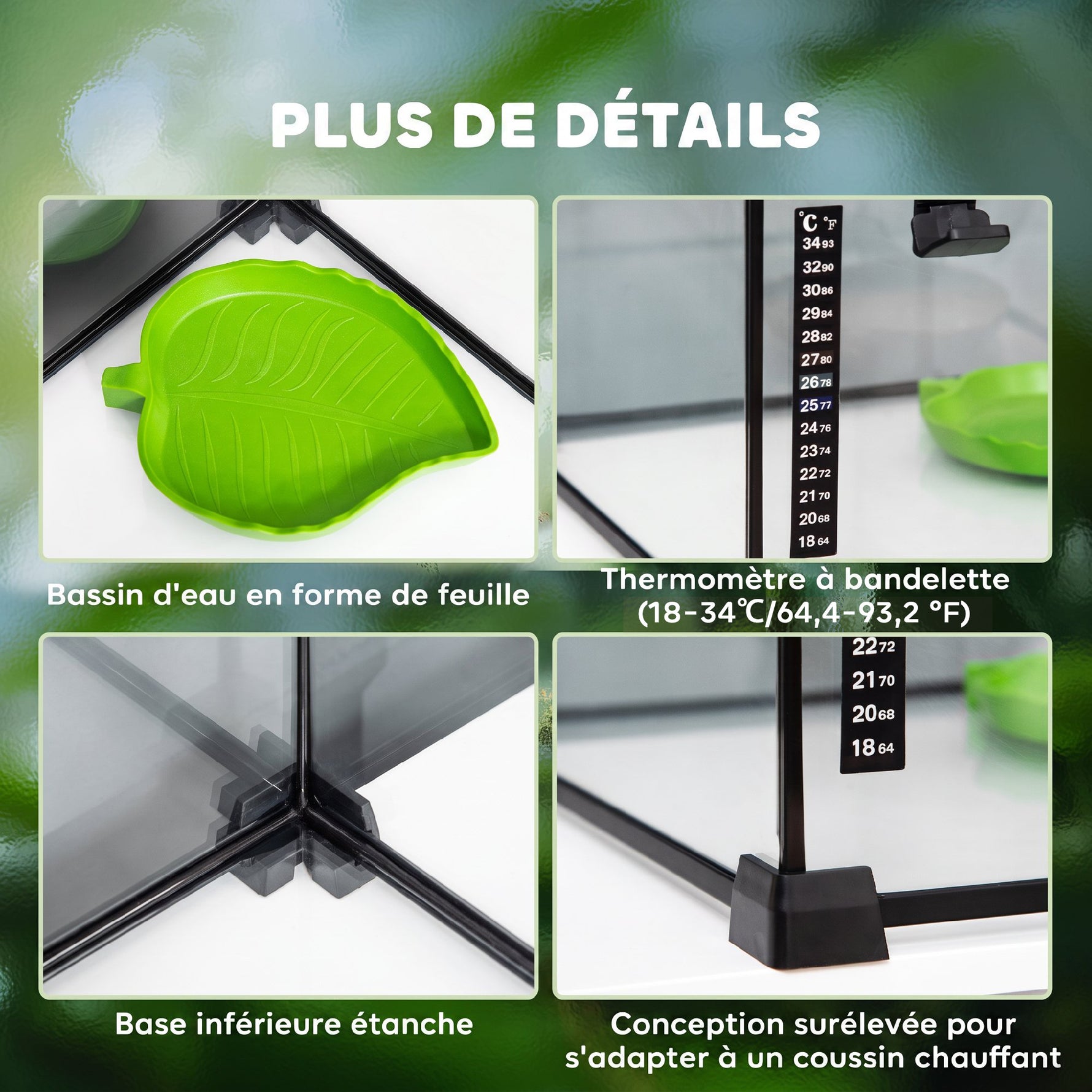 Boîte à Reptiles, Habitat de Terrarium Transparent, Couvercle Coulissant en Treillis Métallique, 30 x 30 x 20 cm, Noir