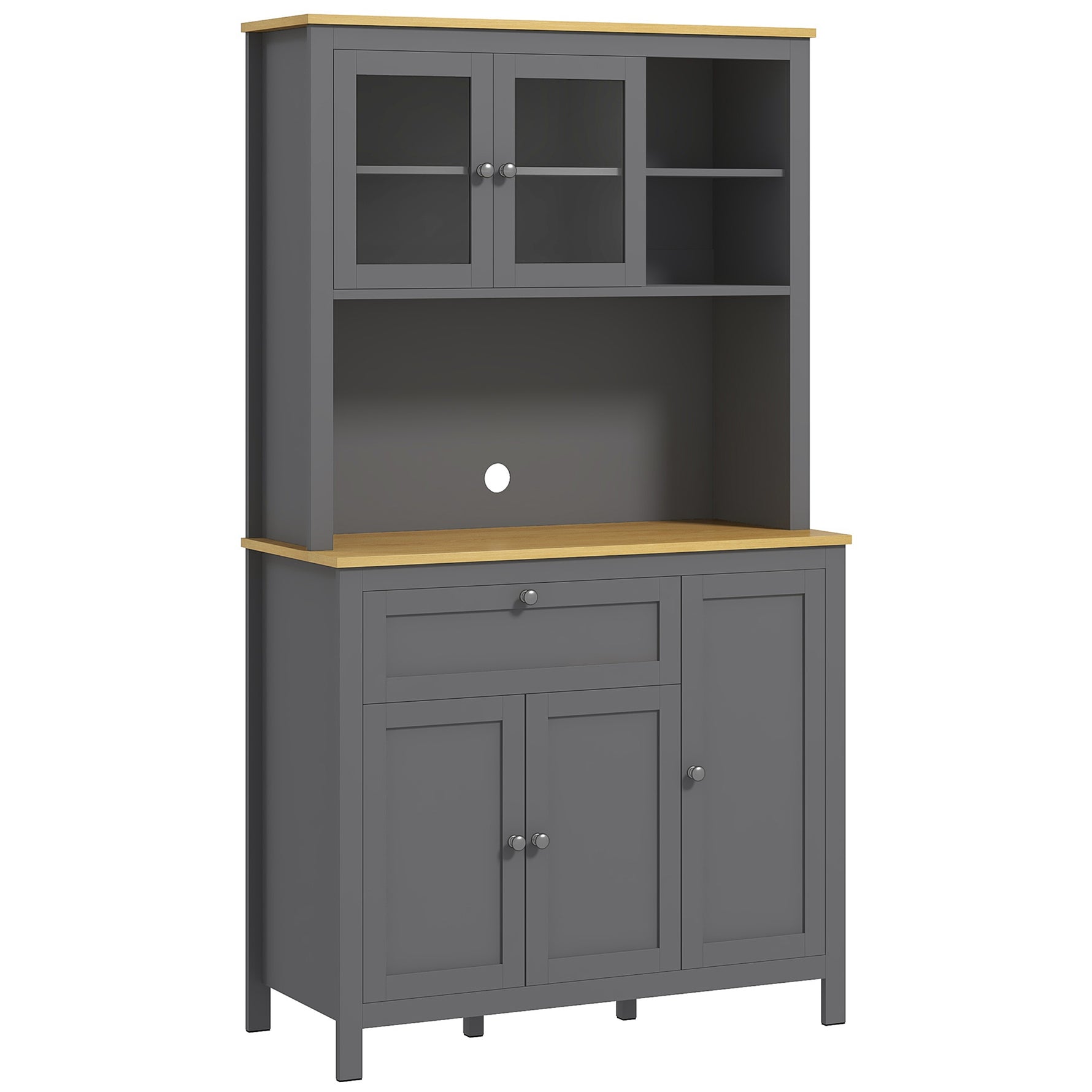 Armoire de cuisine buffet cuisine 5 portes dont 2 portes vitrées et 1 tiroir, 1 niche centrale - hauteur 180 cm gris