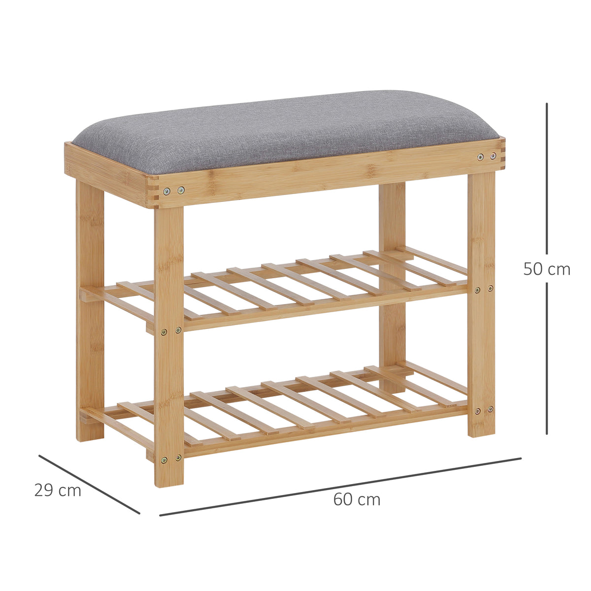 Meuble à Chaussures Banc à Chaussures 2 étagères Coussin Gris intégré Bambou