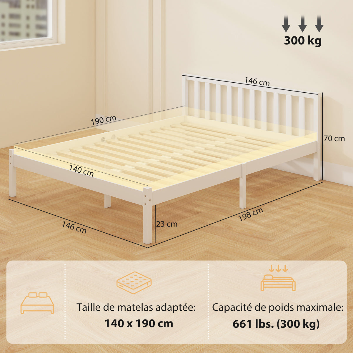 Estructura de cama de madera maciza 140x190 cm cama individual con cabecero y somier de láminas resistente para niños y adultos