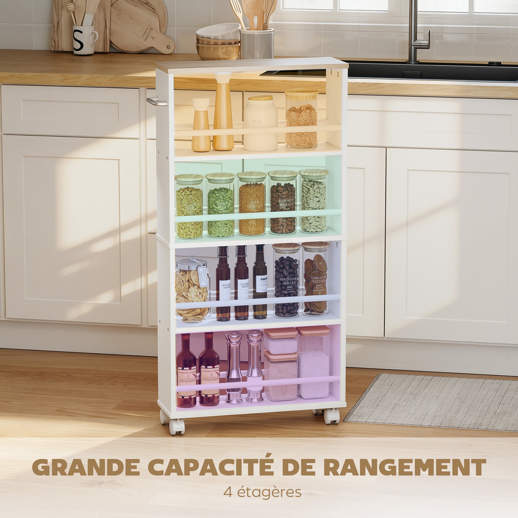 Chariot de rangement à 4 niveaux, desserte à roulettes avec poignées, desserte étroite, 45 x 15 x 91 cm, blanc