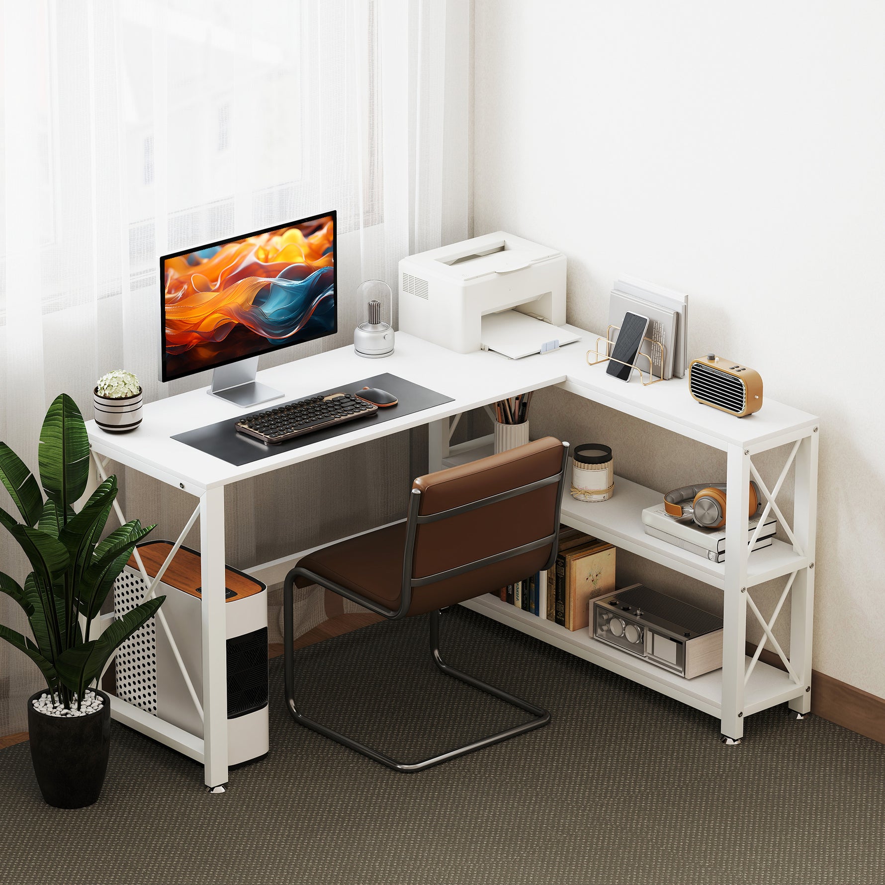 Bureau d'angle modulable réversible, bureau avec rangement, étagère de rangement, cadre en métal, 135x110x75cm, blanc