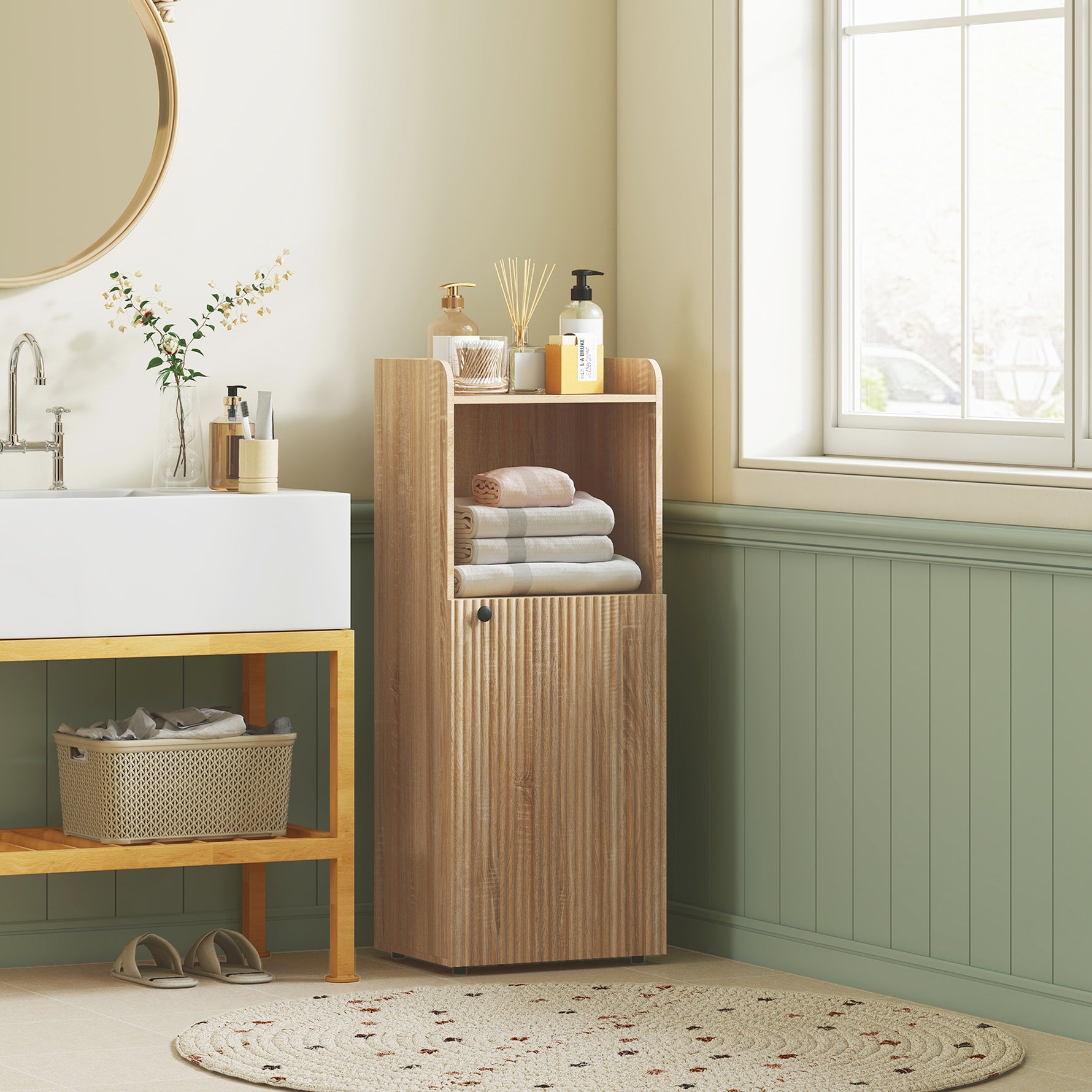 Meuble salle de bain, meuble de rangement étroit 4 niveaux, placard, compartiment ouvert, 40 x 31 x 104 cm, chêne jaune