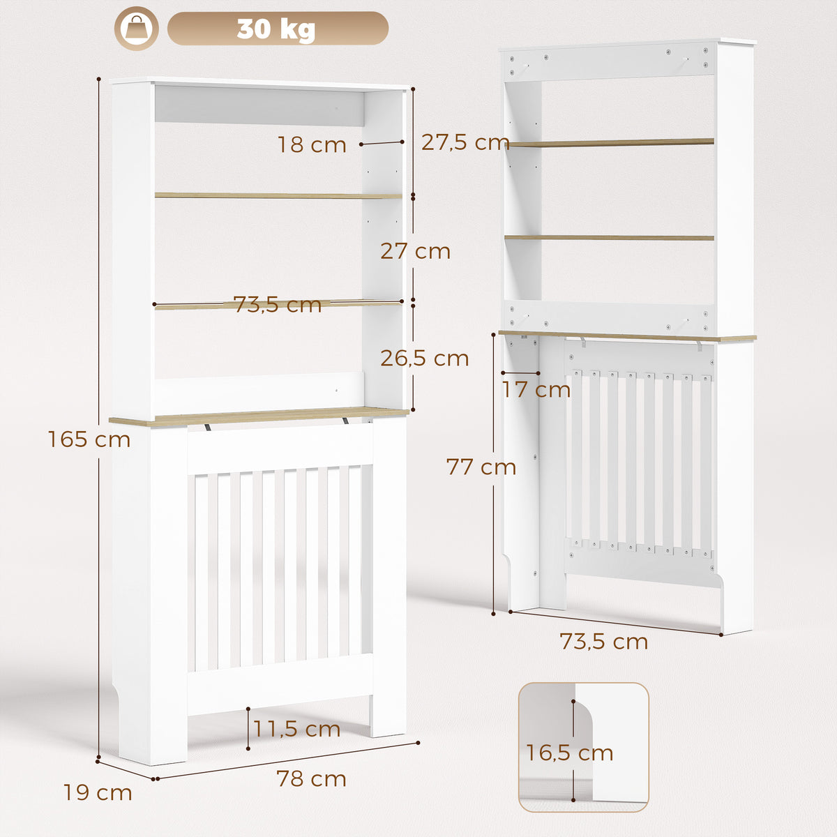 Couvercle de Radiateur en Bois, Cache Radiateur Moderne à Lattes avec Étagères à 3 Niveaux, 78 x 19 x 165 cm, Blanc