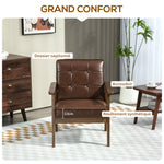 Fauteuil de salon, fauteuil de chambre en cuir synthétique, dossier capitonné, pieds en bois massif, 64x73x81cm, marron