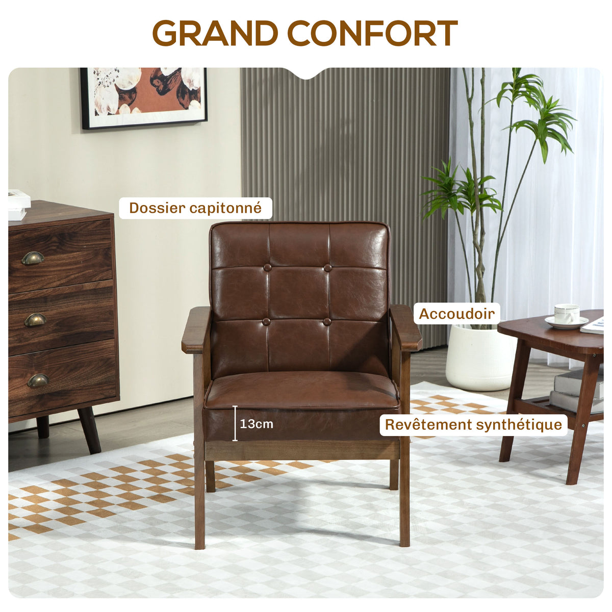 Fauteuil de salon, fauteuil de chambre en cuir synthétique, dossier capitonné, pieds en bois massif, 64x73x81cm, marron