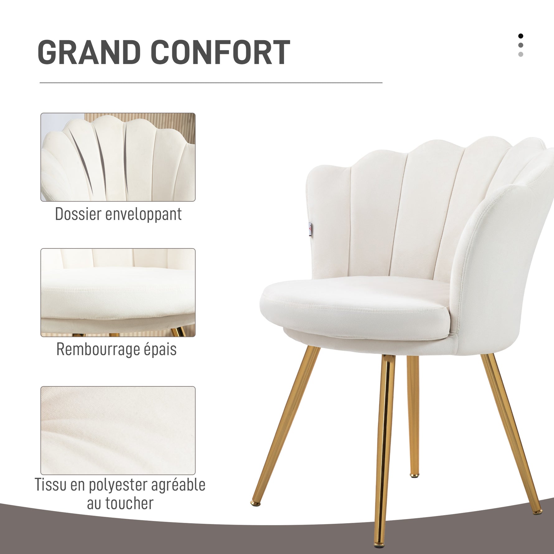 Fauteuil coquillage chaise coiffeuse fauteuil en velours fauteuil de salon avec pieds en métal doré crème
