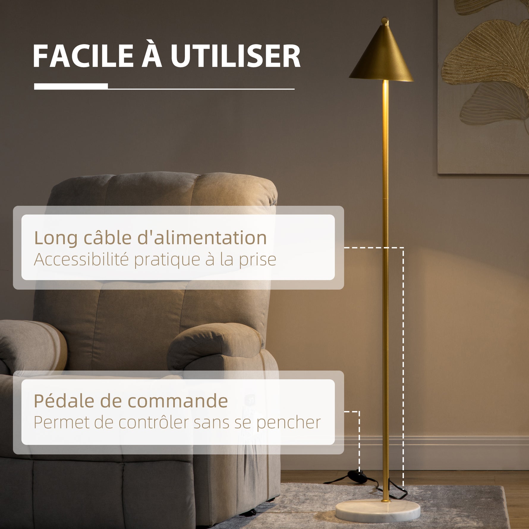 Lampadaire sur pied salon en acier avec abat-jour conique orientable base marbre 40W 35 x 26 x 153 cm doré