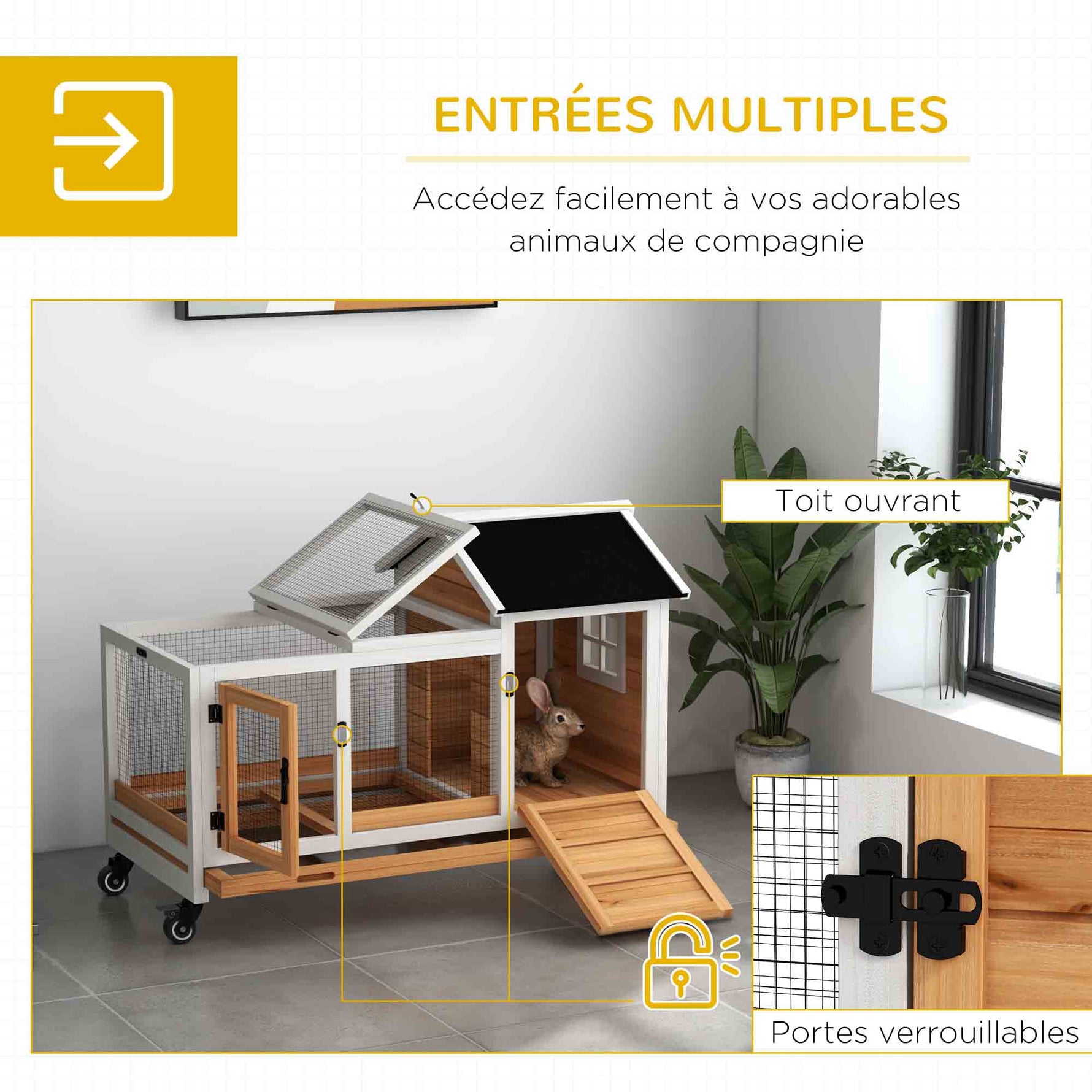Clapier cage à lapins rongeurs sur roulettes 2 portes verrouillables - 108 x 58 x 73,5 cm bois massif jaune